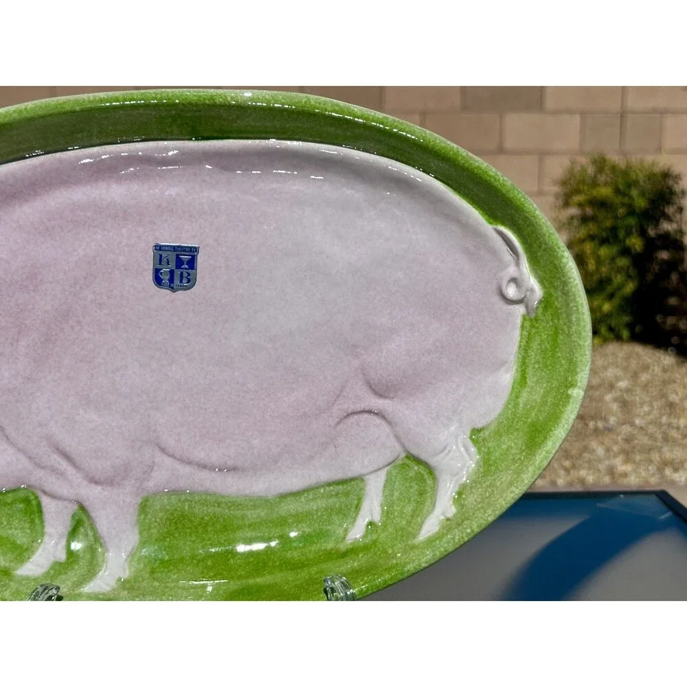 Lime Green Pink Pig Majolica Oval Serving Platter Made in Italy 9 3/8